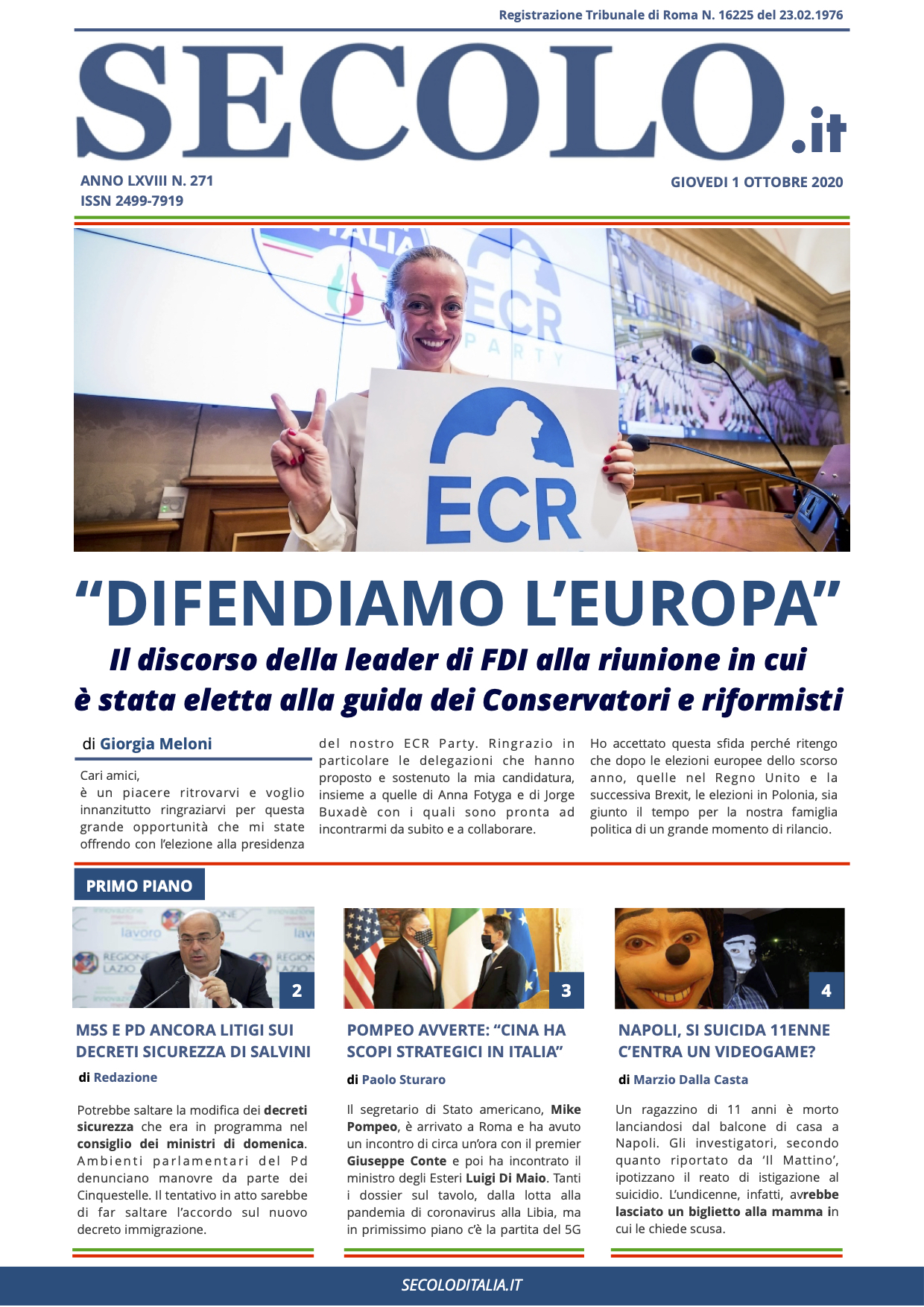 Giovedi 1 Ottobre 2020